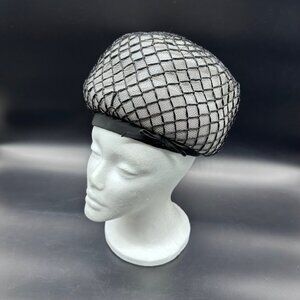 Vintage Ladies Hat Silver Black Mesh Birdcage Net Union Made Mid Century Pillbox